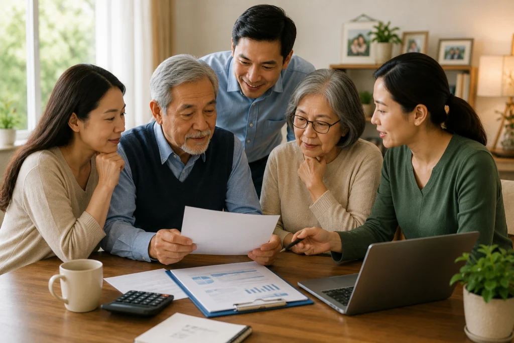 Multigenerational family reviewing financial documents together while planning care and support for elderly parents.