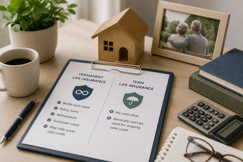 Comparison of permanent and term life insurance, showing cash value, policy loans, and potential home care funding options.