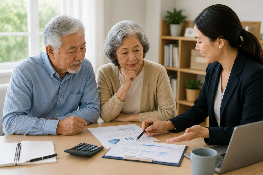 Senior couple reviewing financial documents with an advisor to explore options for funding home care.