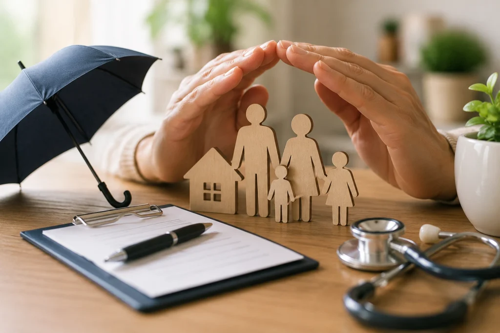 Hands protecting wooden family figures and a house, symbolizing life insurance protection and financial security for families.